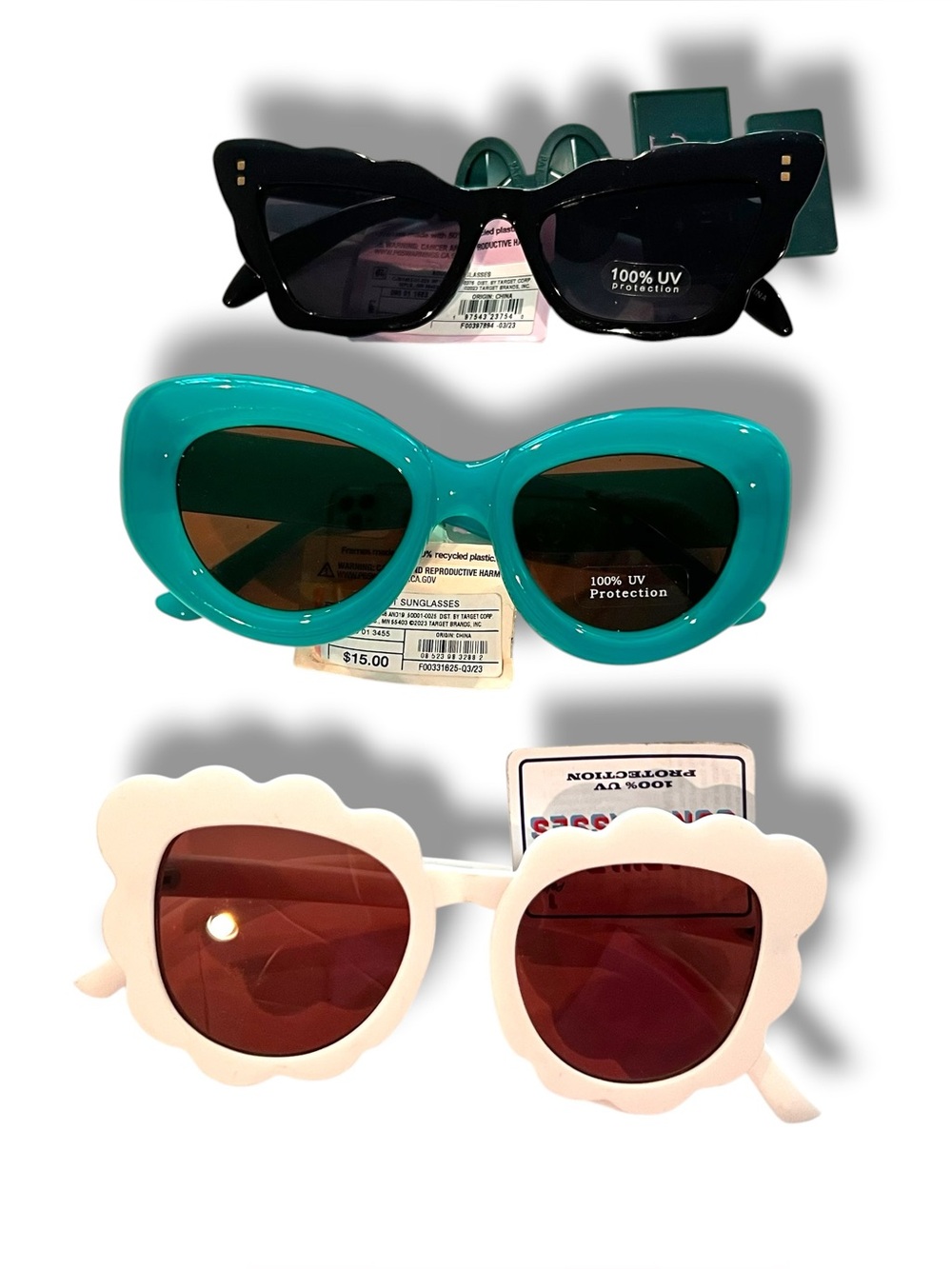 Set Of 3 Sunglasses Teal Green, Black, White Pairs NEW W Tags Cat Eye D-5